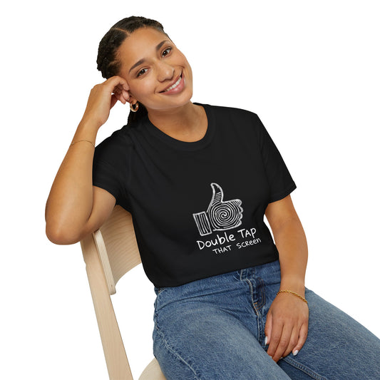 Double Tap That Screen Tee, Funny Graphic Shirt, Unisex T-Shirt for Tech Lovers, Casual Wear, Ideal for Gift Giving